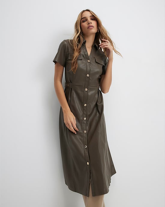 River Island Womens Shirt Midi Dress Khaki Faux Leather Collared - Image 1