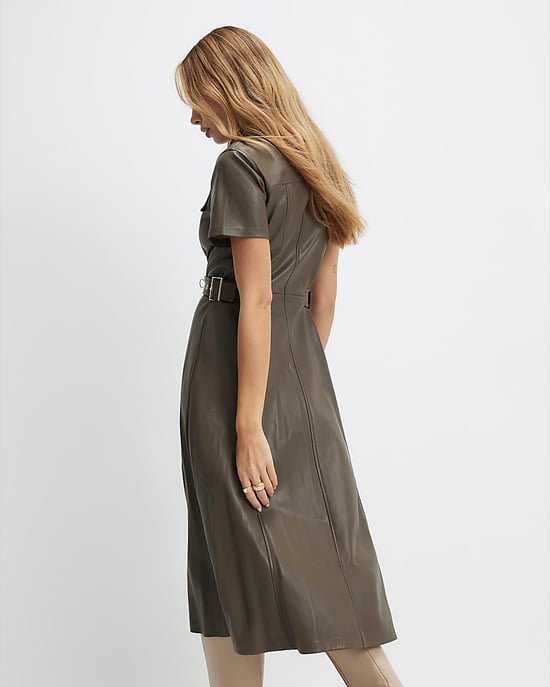 River Island Womens Shirt Midi Dress Khaki Faux Leather Collared - Image 3