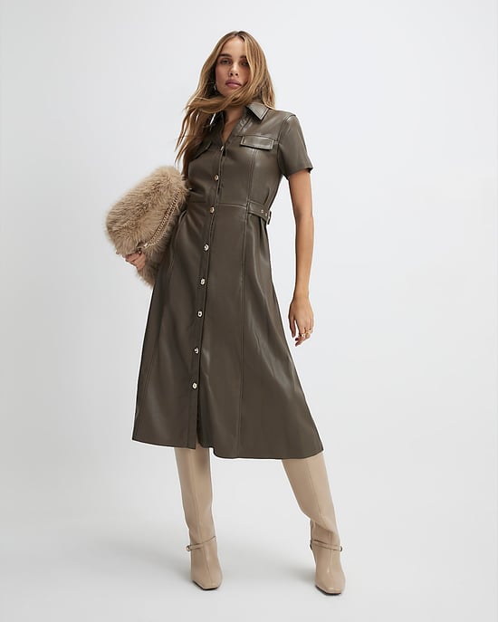River Island Womens Shirt Midi Dress Khaki Faux Leather Collared - Image 4