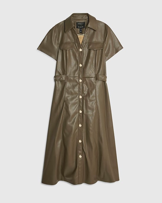 River Island Womens Shirt Midi Dress Khaki Faux Leather Collared - Image 6