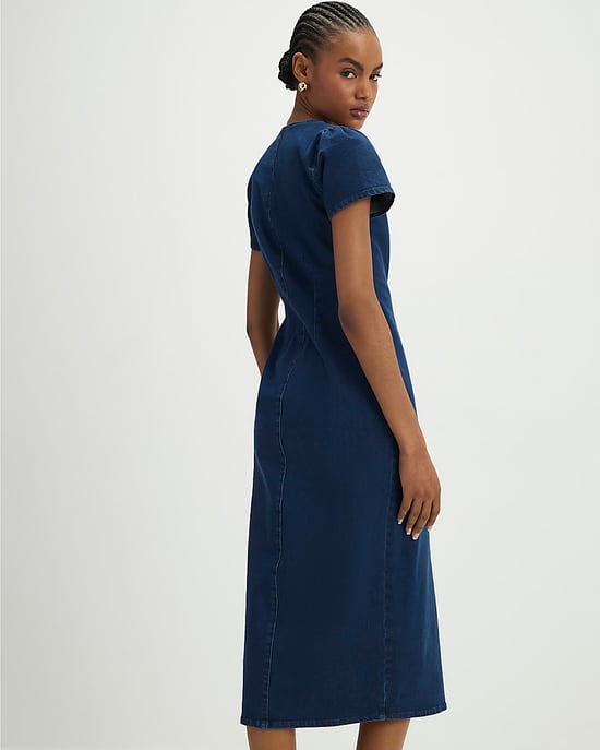 River Island Womens Midi Dress Blue Denim Button Cap Sleeve - Image 4