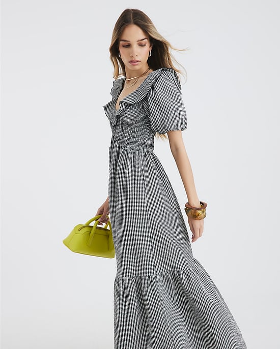 River Island Womens Midi Dress Frill Black Gingham V-Neck - Image 3