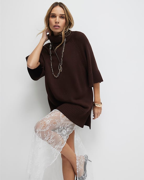 River Island Womens Midi Dress Brown Hybrid Lace Hem Short Sleeve - Image 2