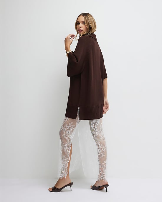 River Island Womens Midi Dress Brown Hybrid Lace Hem Short Sleeve - Image 4