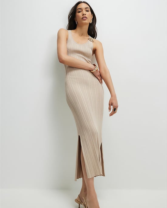River Island Womens Midi Dress Beige Knitted Ribbed Sleeveless - Image 2