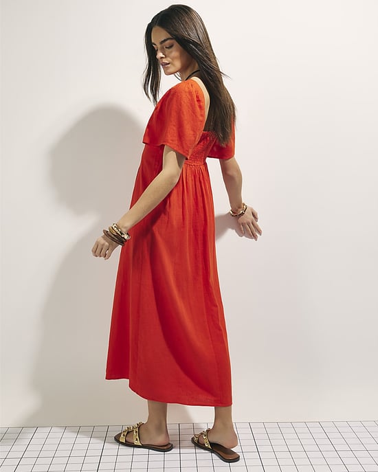 River Island Womens Midi Dress Red Linen Blend Shirred - Image 3