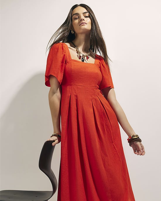 River Island Womens Midi Dress Red Linen Blend Shirred - Image 4