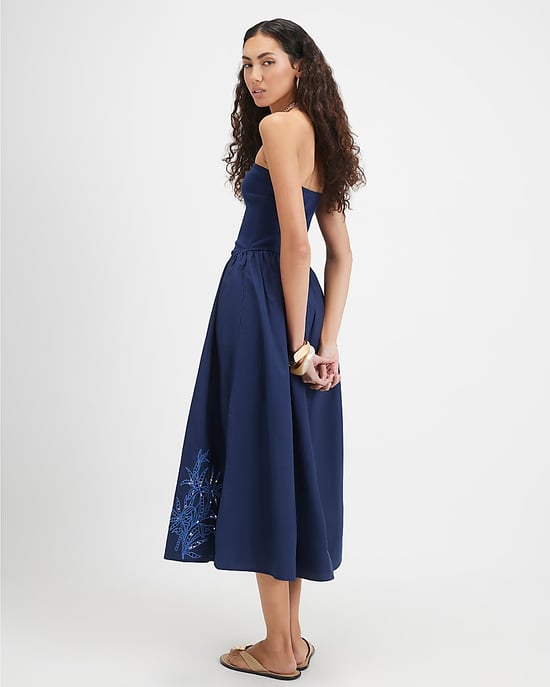 River Island Womens Midi Dress Bandeau Navy Cotton Embroidered - Image 3