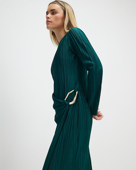 River Island Womens Midi Dress Petite Green Plisse Buckle Detail - Image 2