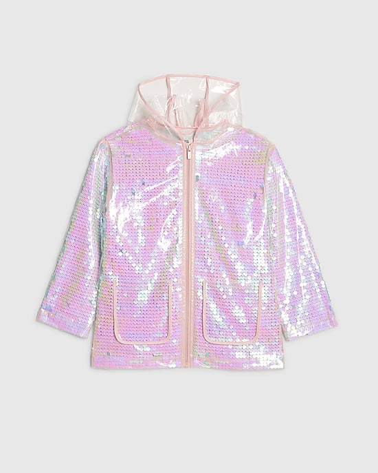River Island Girls Rain Mac Pink Sequin Long Sleeve Hooded - Image 1