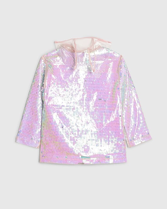River Island Girls Rain Mac Pink Sequin Long Sleeve Hooded - Image 4