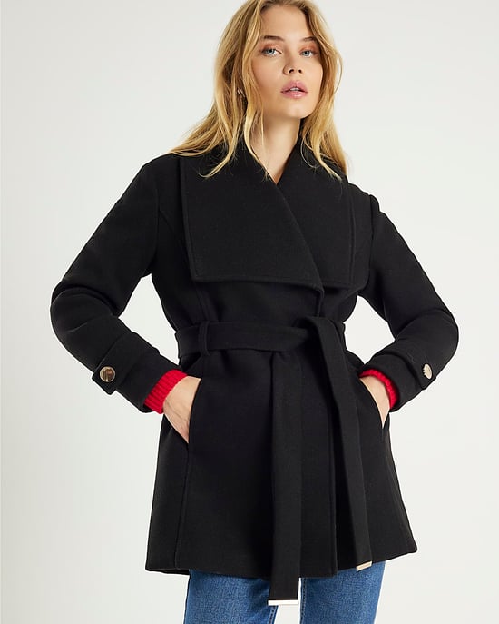 River Island Womens Coat Wrap Black Short Wide Collar - Image 1