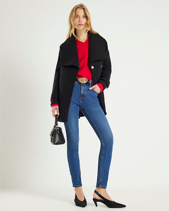 River Island Womens Coat Wrap Black Short Wide Collar - Image 2