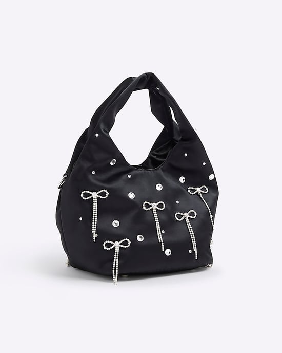 River Island Womens Grab Bag Black Satin Diamante Bow Popper - Image 1
