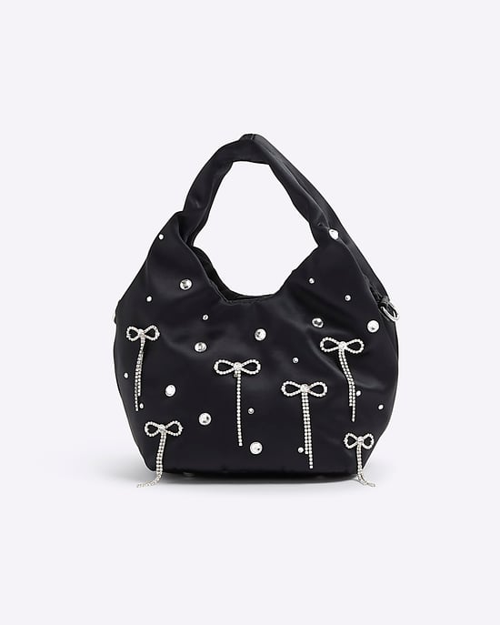River Island Womens Grab Bag Black Satin Diamante Bow Popper - Image 2