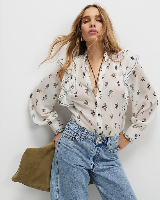 River Island Womens Blouse Cream Floral Ruffle Detail Button - Image 1