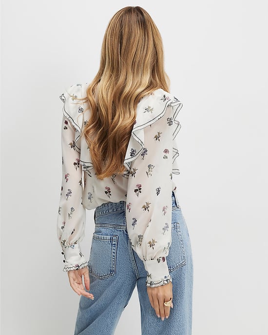 River Island Womens Blouse Cream Floral Ruffle Detail Button - Image 3