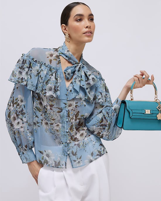 River Island Womens Blouse Blue Floral Ruffle Tie Neck Button - Image 1
