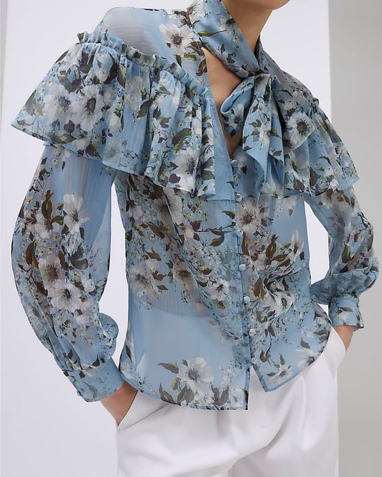 River Island Womens Blouse Blue Floral Ruffle Tie Neck Button - Image 2