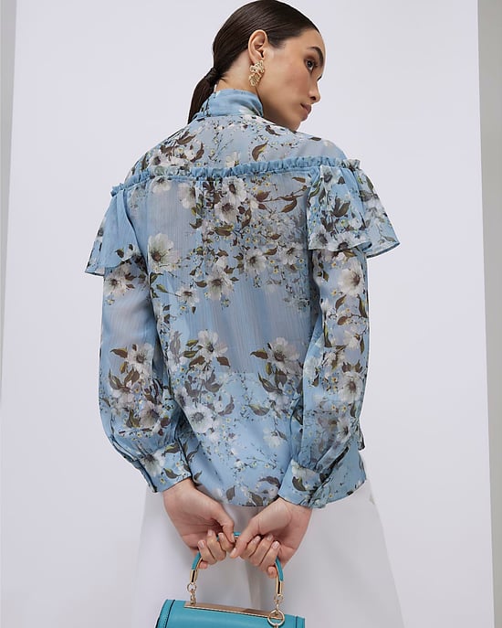 River Island Womens Blouse Blue Floral Ruffle Tie Neck Button - Image 3