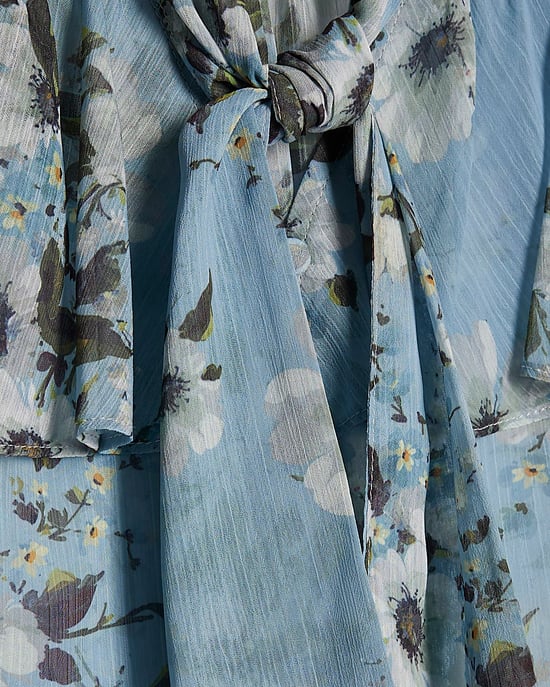 River Island Womens Blouse Blue Floral Ruffle Tie Neck Button - Image 5