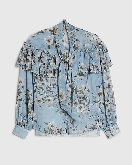 River Island Womens Blouse Blue Floral Ruffle Tie Neck Button - Image 6