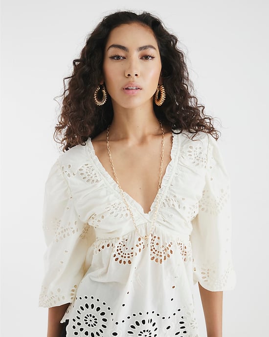 River Island Womens Blouse Cream Mid Sleeve Broderie V-Neck - Image 4