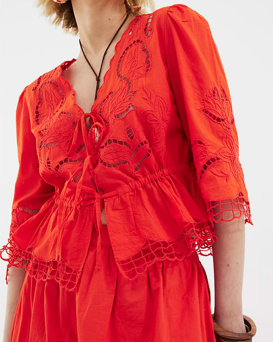 River Island Womens Blouse Red Long Sleeve Cutwork V-Neck - Image 2
