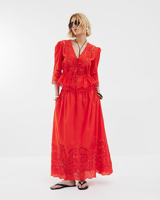River Island Womens Blouse Red Long Sleeve Cutwork V-Neck - Image 3
