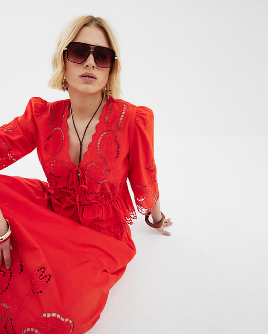 River Island Womens Blouse Red Long Sleeve Cutwork V-Neck - Image 4