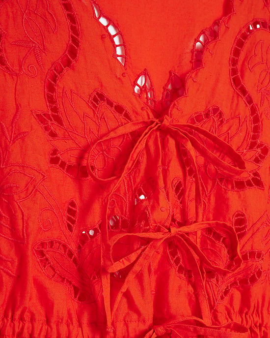 River Island Womens Blouse Red Long Sleeve Cutwork V-Neck - Image 5