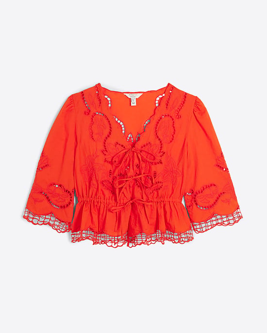 River Island Womens Blouse Red Long Sleeve Cutwork V-Neck - Image 6