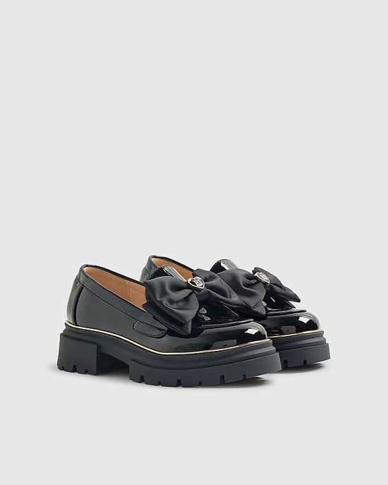 River Island Girls Chunky Loafers Black Patent Bow Padded - Image 1