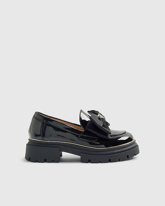 River Island Girls Chunky Loafers Black Patent Bow Padded - Image 2
