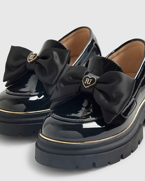 River Island Girls Chunky Loafers Black Patent Bow Padded - Image 4