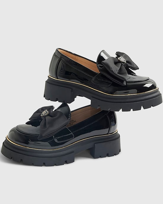 River Island Girls Chunky Loafers Black Patent Bow Padded - Image 5
