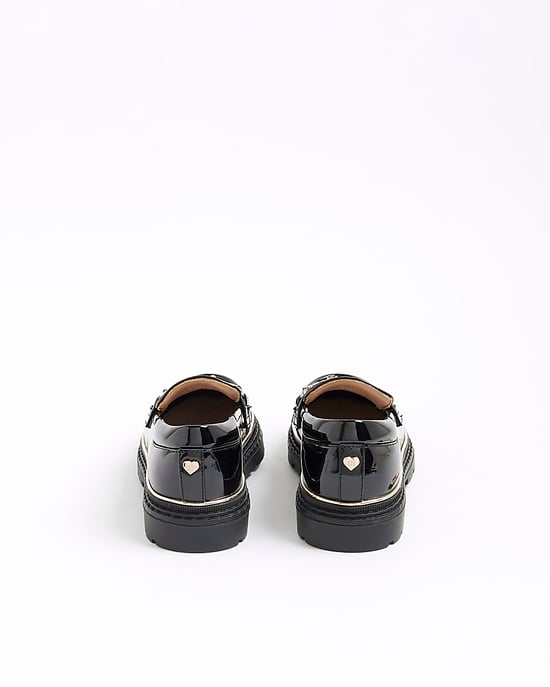 River Island Girls Loafers Black Patent Flower Chain Padded Shoes - Image 2