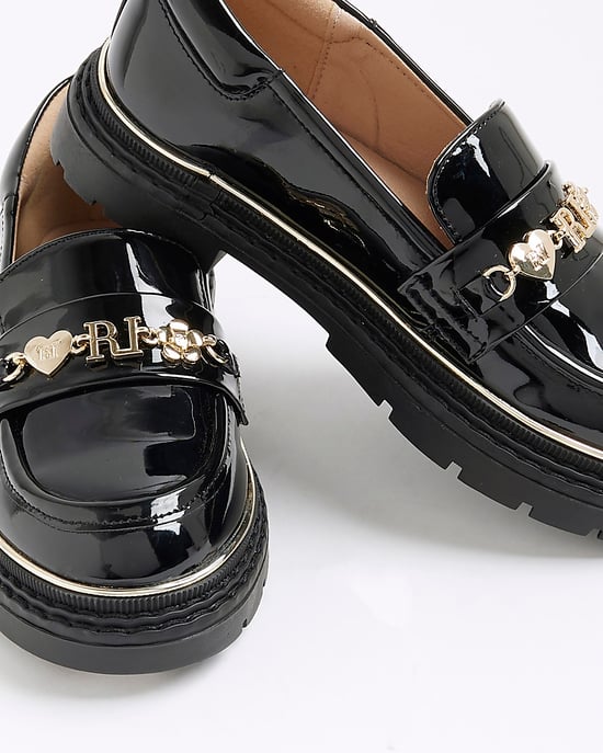 River Island Girls Loafers Black Patent Flower Chain Padded Shoes - Image 3