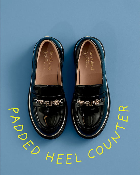 River Island Girls Loafers Black Patent Flower Chain Padded Shoes - Image 4