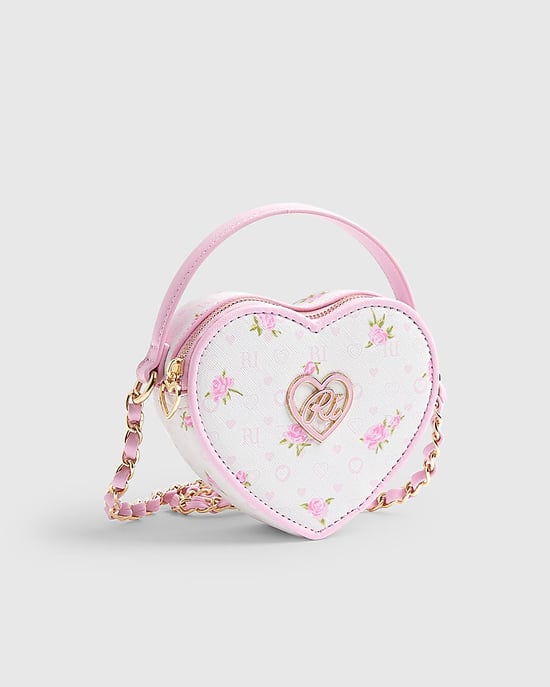 River Island Girls Crossbody Bag Pink Ditsy Floral Heart Zipped - Image 5