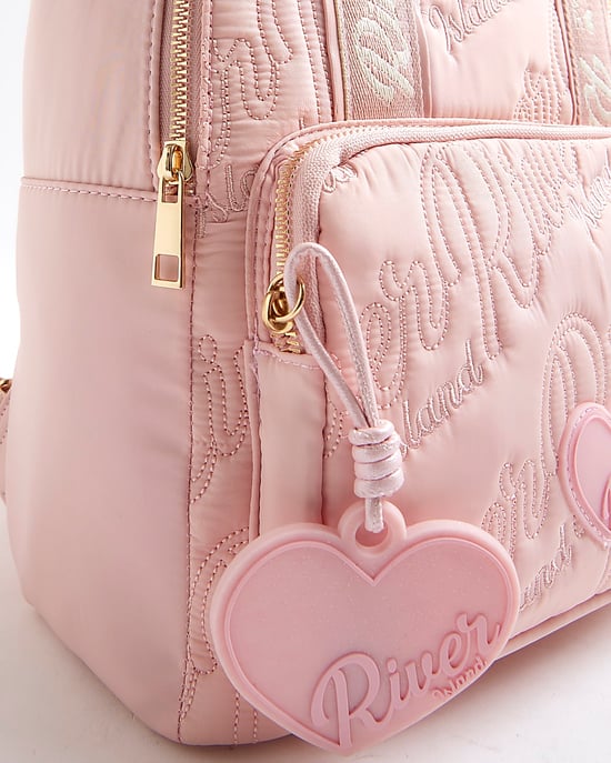 River Island Girls Backpack Pink Nylon Script Padded Bag - Image 3