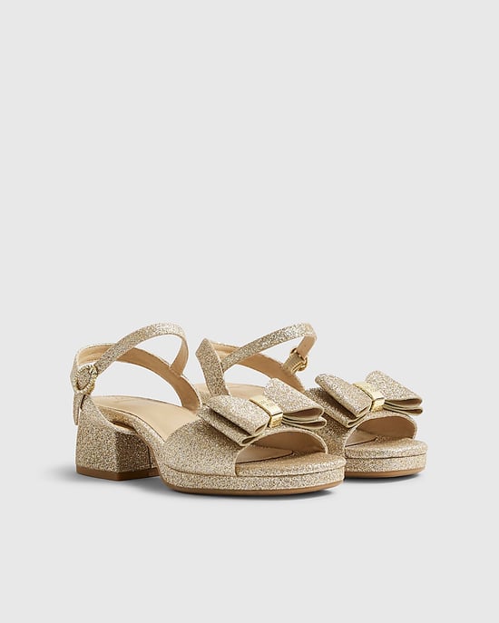 River Island Girls Sandals Gold Glitter Bow Heeled Buckle Shoes - Image 1