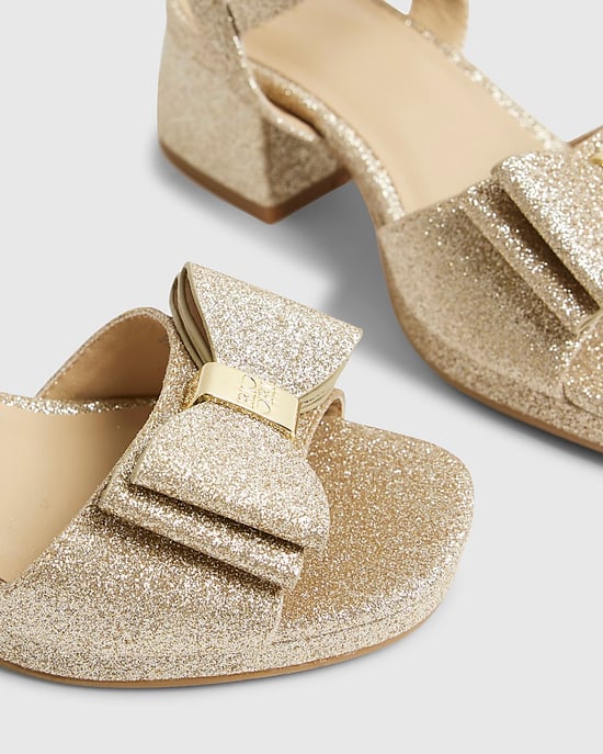 River Island Girls Sandals Gold Glitter Bow Heeled Buckle Shoes - Image 4