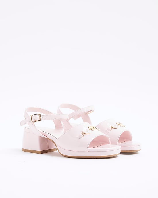 River Island Girls Sandals Pink Heart Trimmed Block Heeled Shoes - Image 1