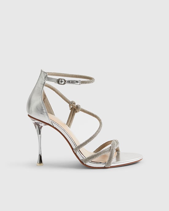 River Island Womens Sandals Silver Embellished Strappy Buckle Heeled Shoes - Image 2