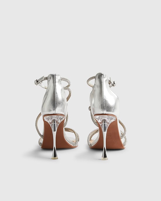 River Island Womens Sandals Silver Embellished Strappy Buckle Heeled Shoes - Image 3