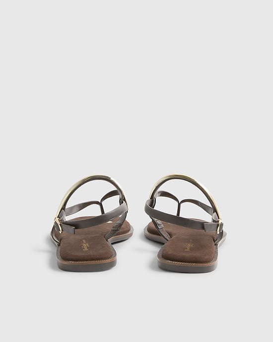 River Island Womens Sandals Black Leather Toe Thong Bangle Flat Shoes - Image 2