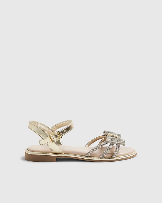 River Island Girls Sandals Gold Diamante Strappy Bow Shoes - Image 2