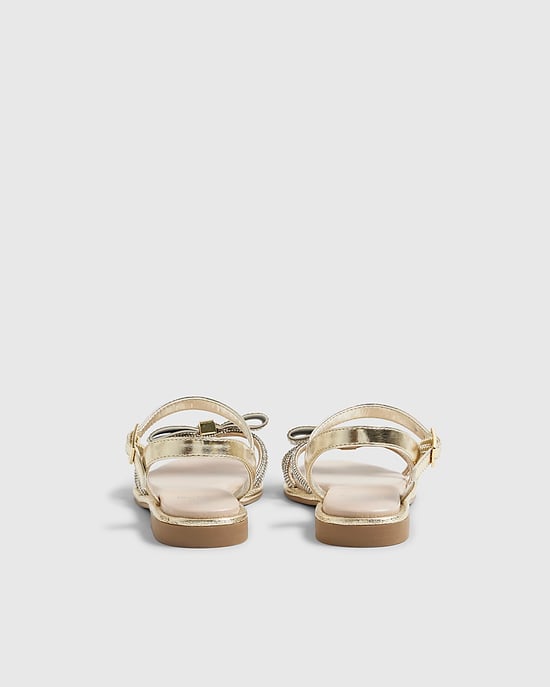 River Island Girls Sandals Gold Diamante Strappy Bow Shoes - Image 3