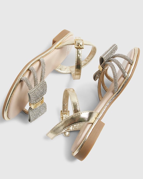 River Island Girls Sandals Gold Diamante Strappy Bow Shoes - Image 5